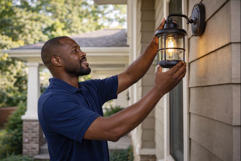 A contractor and homeowner shaking hands at the front of a home.