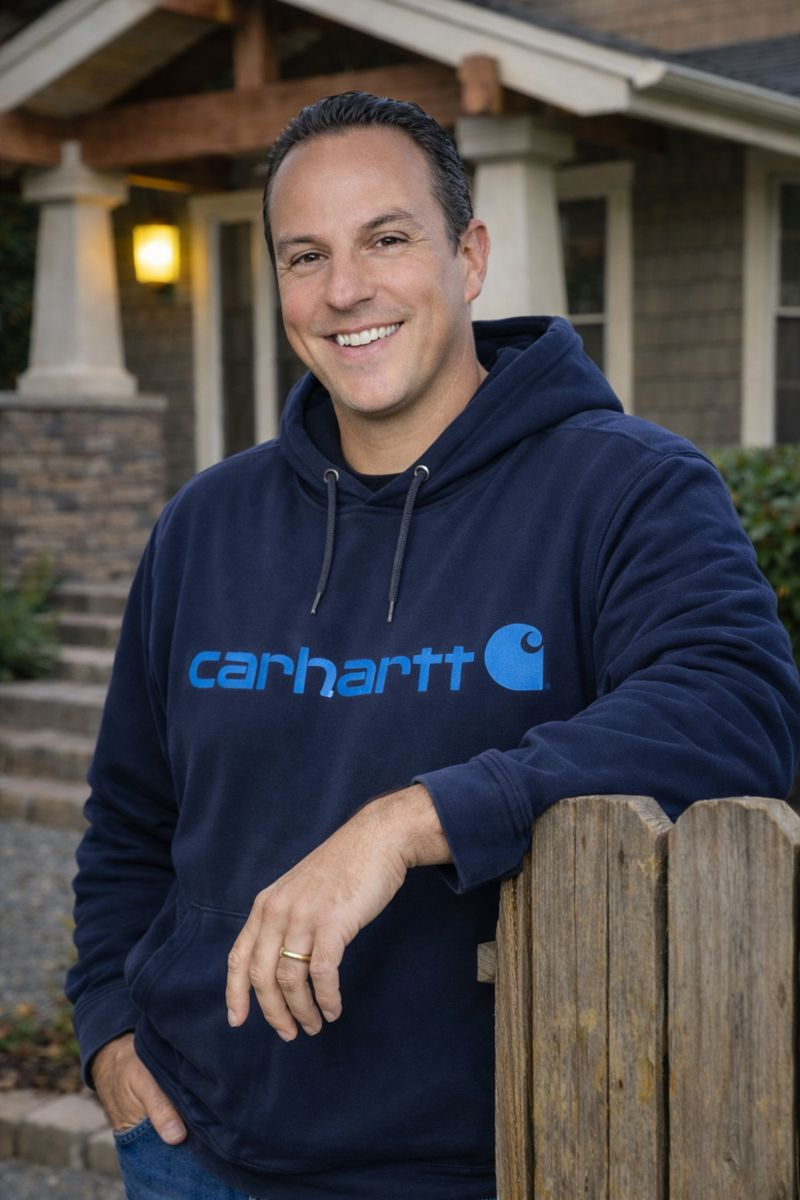 A trusted contractor shaking hands with a homeowner at the front entry of a craftsman-style home.