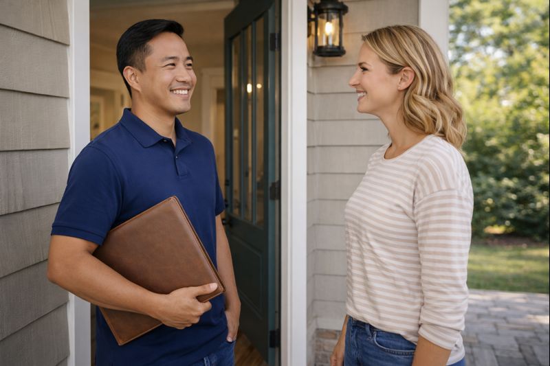 A contractor and homeowner shaking hands at the front of a home.