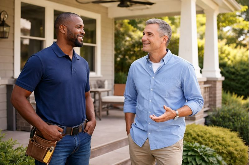 A contractor and homeowner shaking hands at the front of a home.